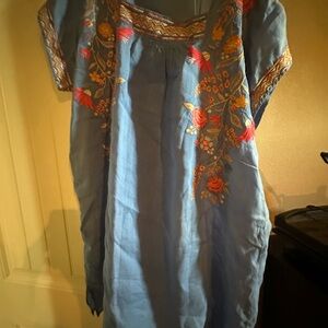 Johnny Was blue Tunic with Multicolor Embroidery